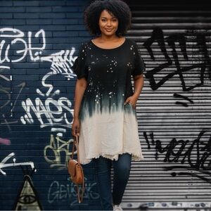 Umgee Large Black and Cream Dress/Tunic Ombre Dip Dyed Raw Edges